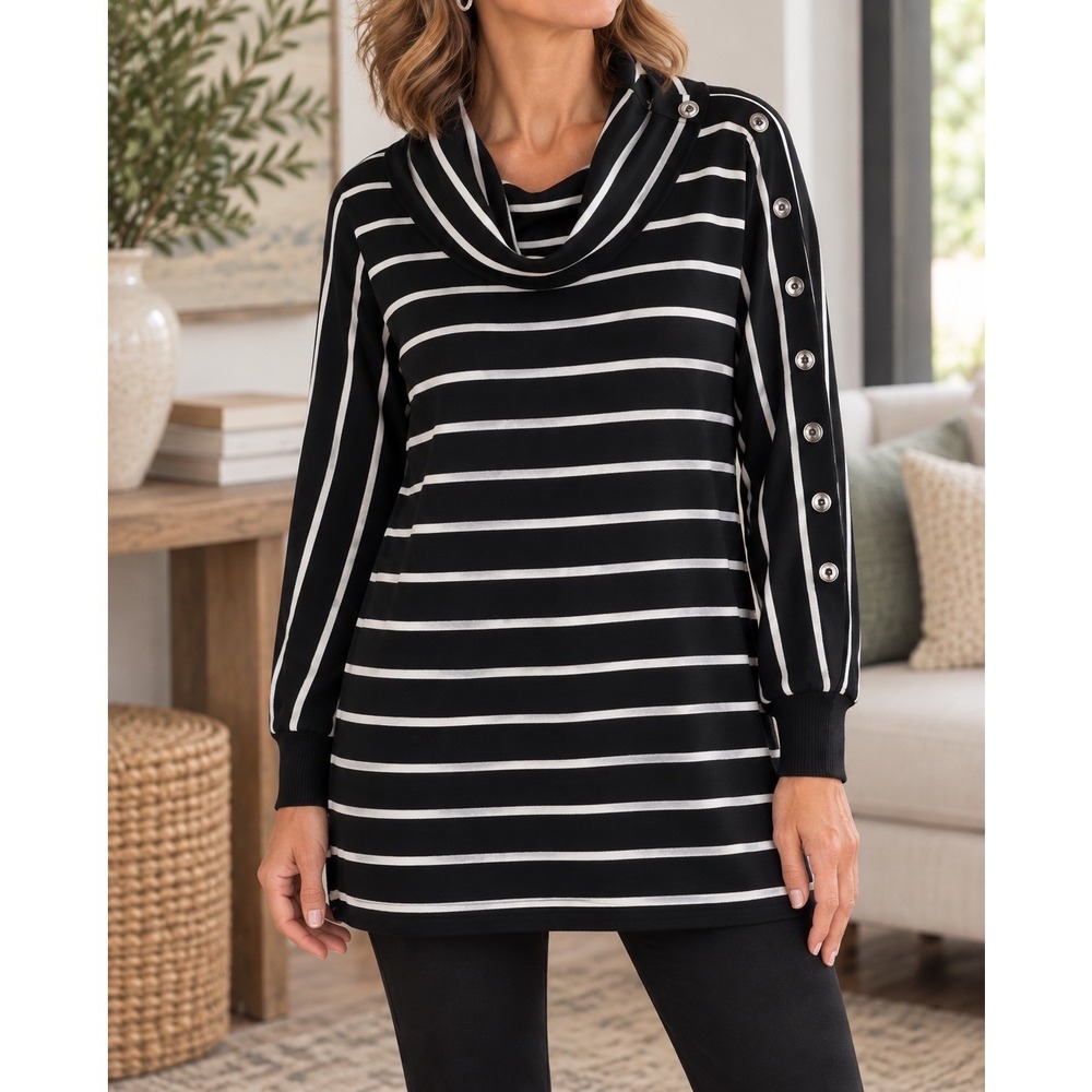 Ali Miles Womens XL Black White Striped Cowl Neck Tunic Button Sleeve Top